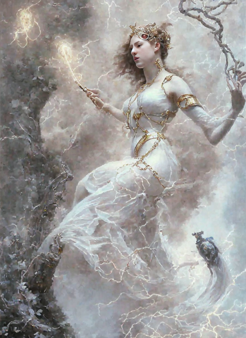 Fantasy painting of woman with crown and light, surrounded by ethereal wisps and branches