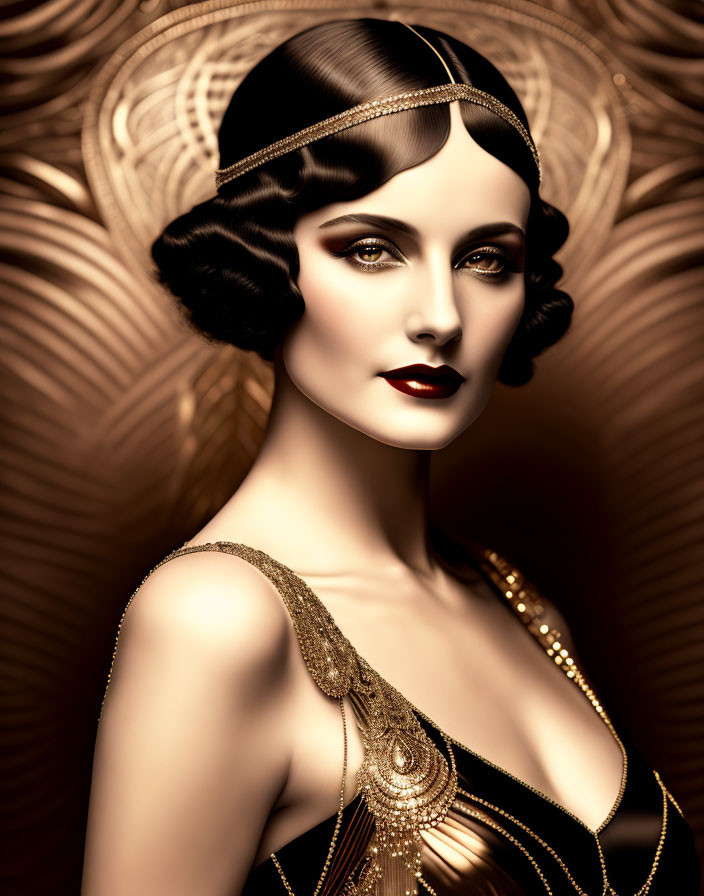 Vintage portrait of woman in 1920s fashion with Art Deco background