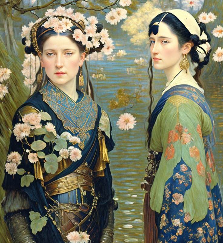 Two women in classical attire with headdresses in front of water lilies.