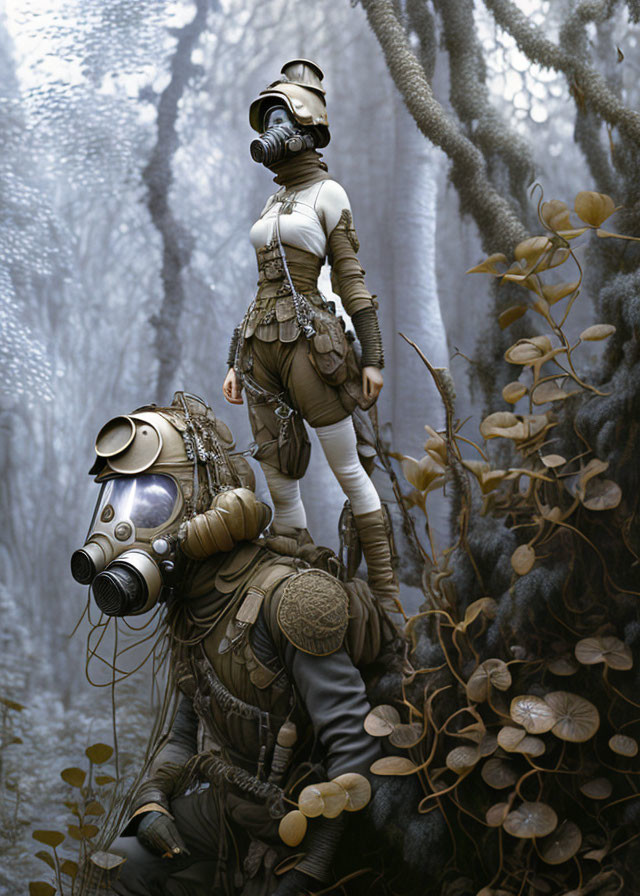 Steampunk attired figures with gas masks in misty, mushroom forest