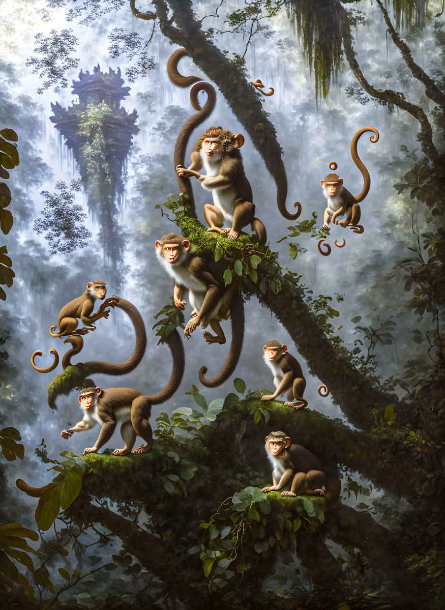 Monkeys on Vines in Misty Forest with Ancient Tower