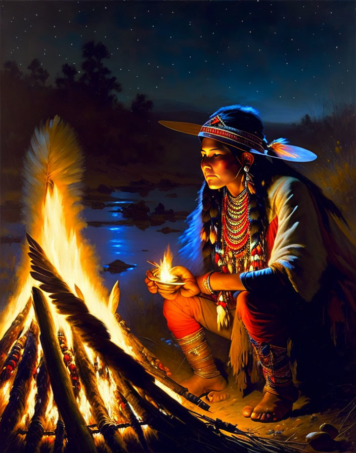 Native American person in feathered headdress by campfire at night