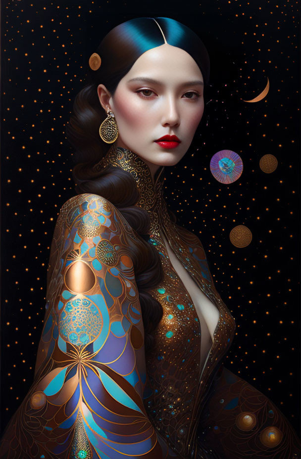 Stylized portrait of woman with celestial motifs and intricate patterns on garment against starry backdrop.