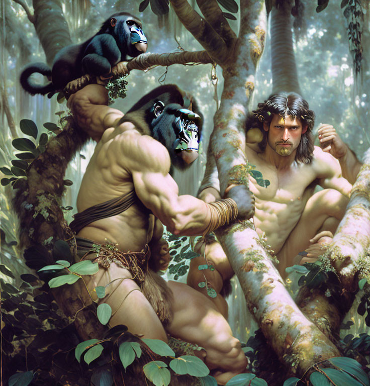 Muscular human-animal hybrids with ape-like features in lush forest