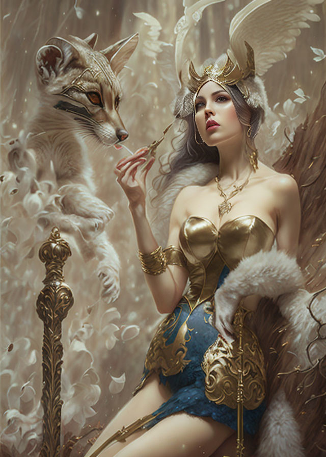 Fantasy illustration of woman in golden outfit with fox headpiece, staff, butterflies, mist