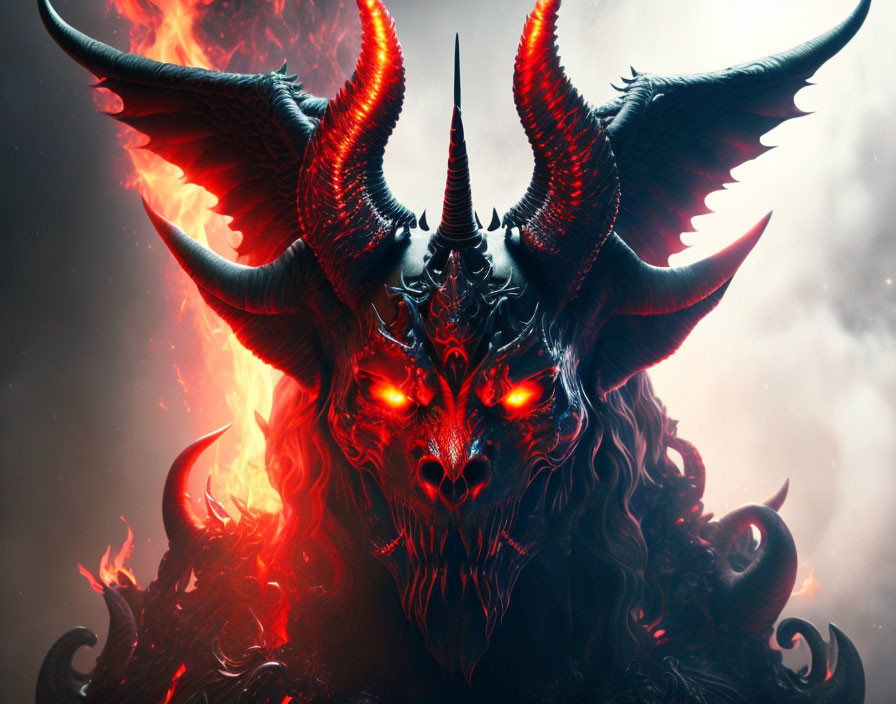 Sinister demon with glowing red eyes and fiery aura on dark background