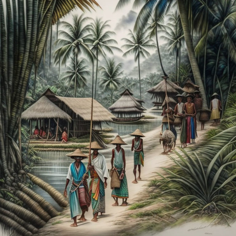 Rural village with palm trees, huts, river, and locals in traditional attire