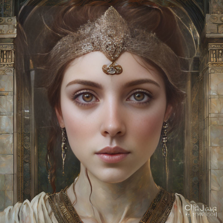 Portrait of Woman with Brown Eyes and Ornate Headpiece Against Classical Architecture