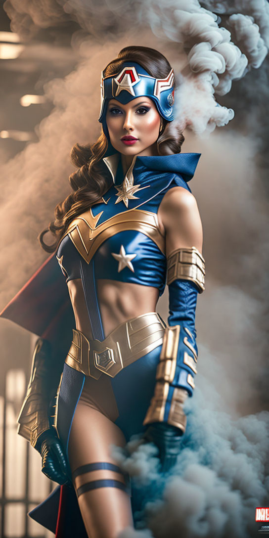 Superhero costume with star emblem, cape, and stylized headpiece in swirling smoke