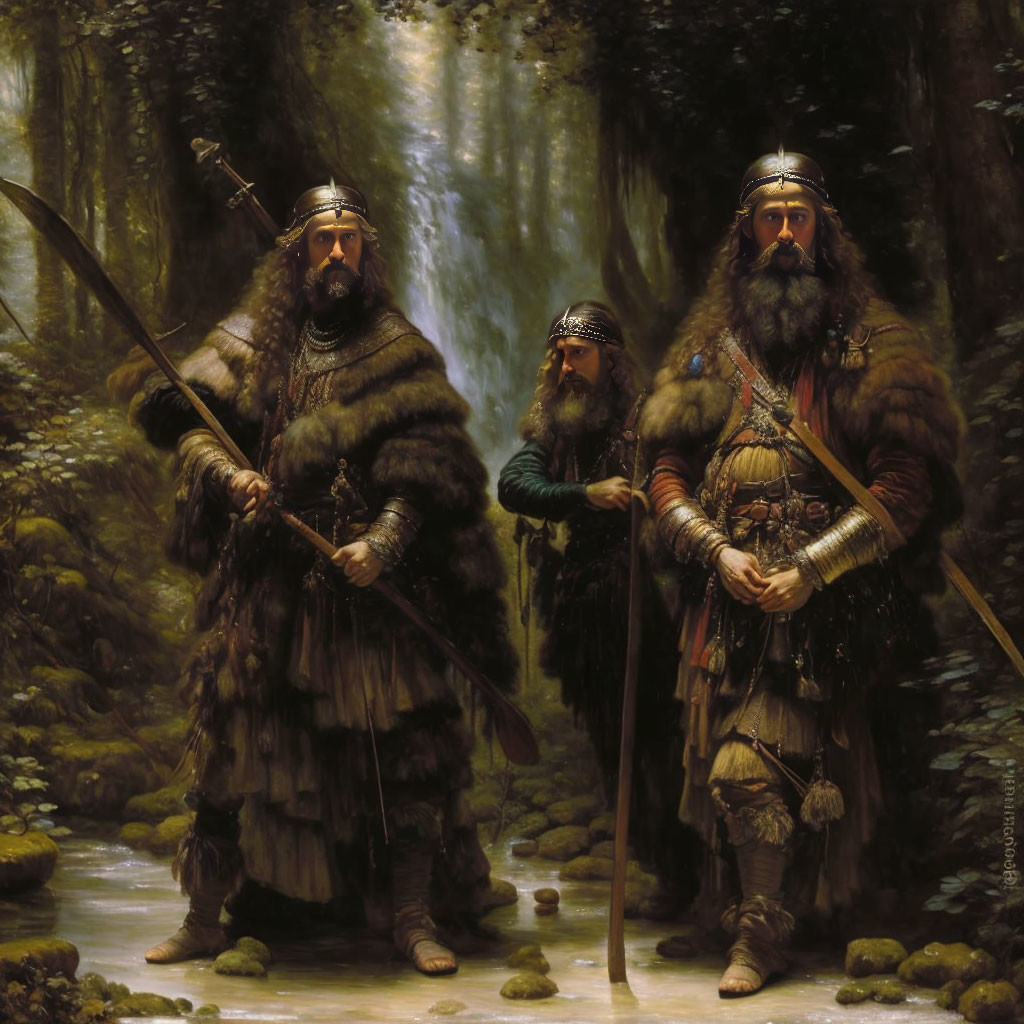 Medieval warriors in fur and armor with bow, axe, and sword in forest clearing