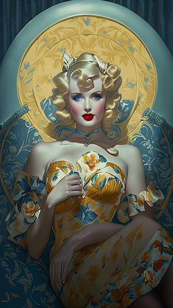 Blonde woman in retro Hollywood glamour with floral dress and art nouveau backdrop