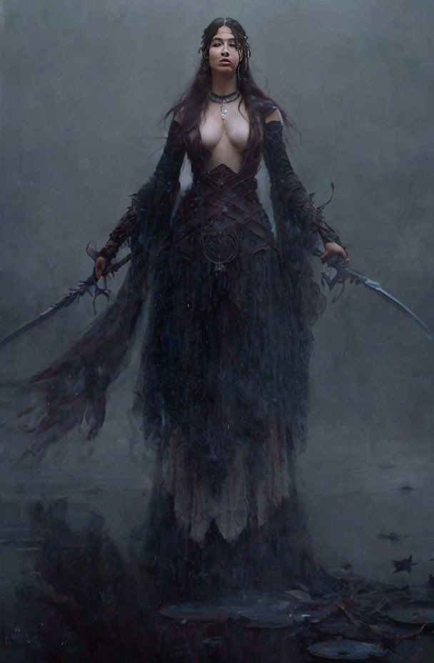 Woman in Gothic fantasy dress wields two swords in misty setting