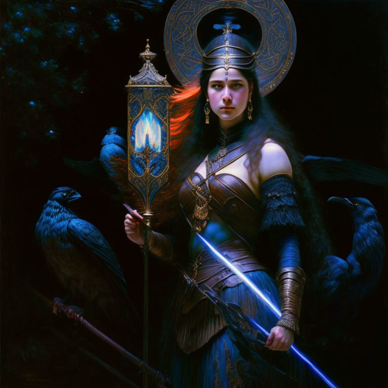 Warrior woman in ornate armor with spear, crows, lantern, and halo