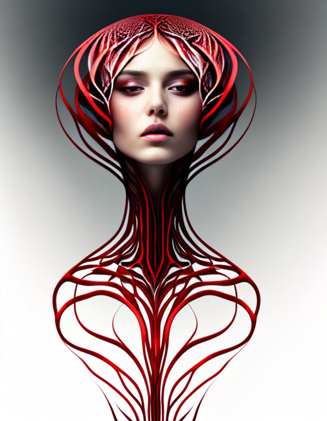 Surreal portrait of woman with elongated neck and red branch-like headpiece on grey background