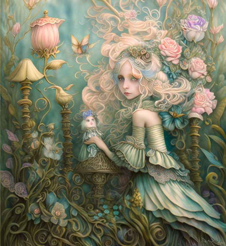 Surreal portrait of girl with elaborate rose-infused hair in soft green and pink palette