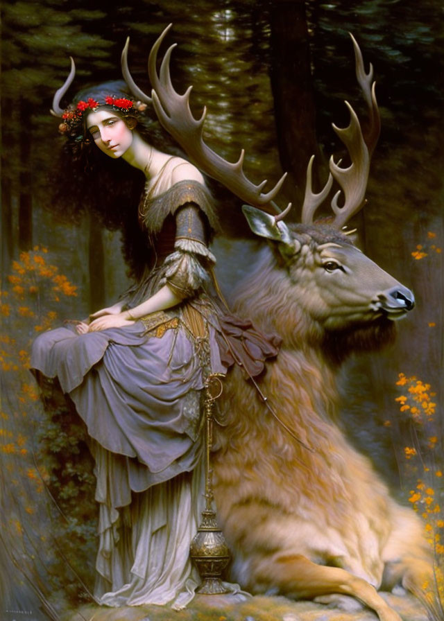 Surreal painting: Woman and stag with red floral crowns in enchanted forest