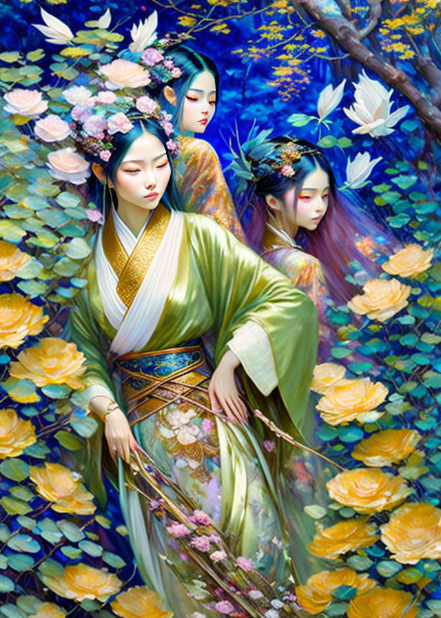 Ethereal women in traditional attire on vibrant blue floral backdrop