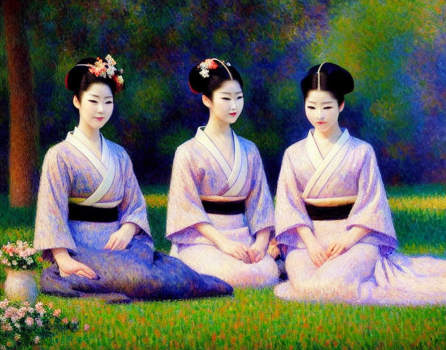 Three women in traditional Japanese kimonos sitting in a flower-filled grassy field