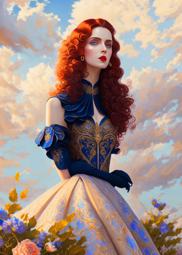 Red-haired woman in gold and blue dress under cloudy sky