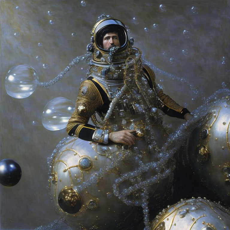 Vintage Diving Suit with Helmet Surrounded by Bubbles and Gear on Dark Nebula Background