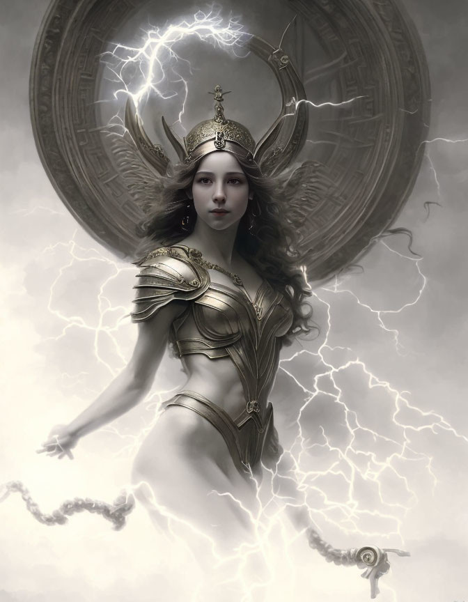 Regal woman in crown and armor with lightning backdrop.