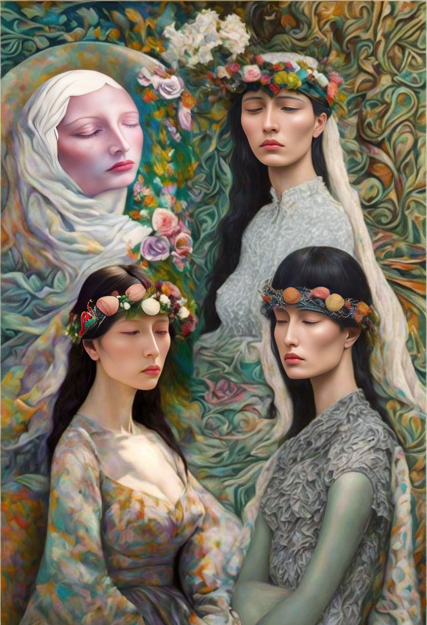 Three women in floral headpieces on swirling background, one in white top, others in pastel attire