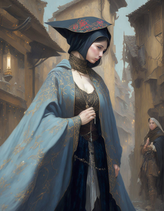 Medieval-style woman in blue cloak on dimly-lit street