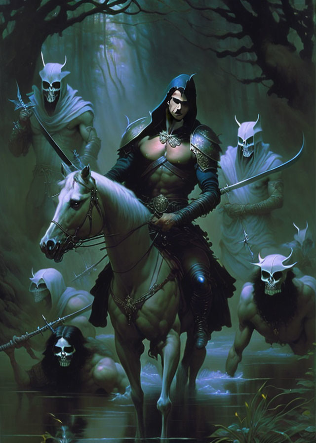 Eerie white horse rider with skull-faced beings in dark forest