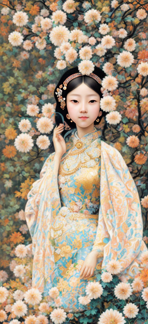 Traditional Asian Attire Woman with Floral Patterns and Orange Flowers