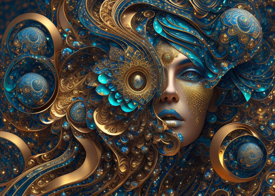 Digital artwork: Woman's face with gold and blue swirling patterns