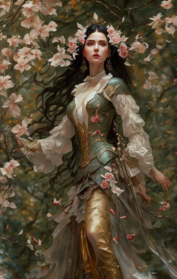 Regal woman in vintage dress among blossoming trees