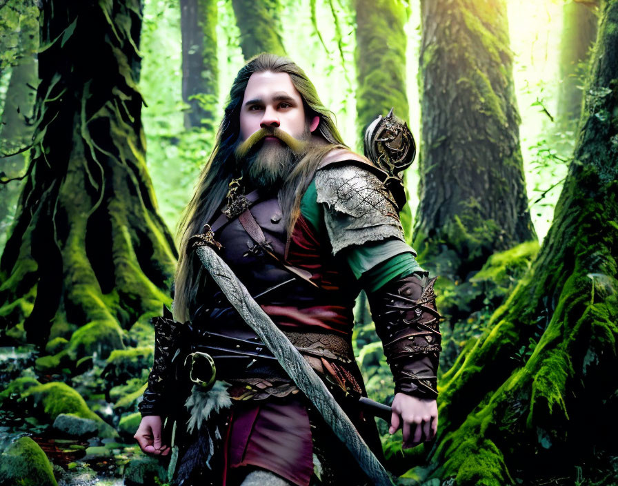 Medieval fantasy warrior in enchanted forest with sword