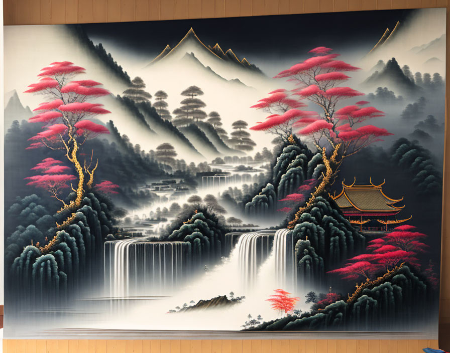 Traditional Asian landscape painting with mountains, waterfalls, red foliage trees, misty forests, and pav