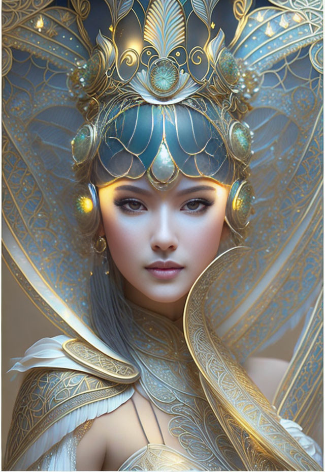 Intricate golden headgear and attire on illustrated character under warm light