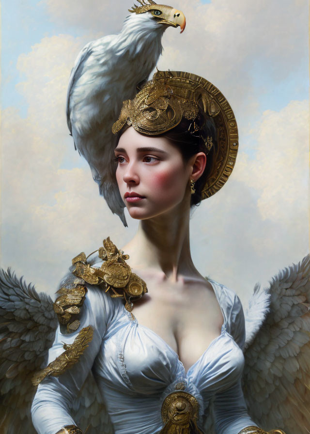 Mythological figure with angelic wings and eagle headpiece in sky-themed attire