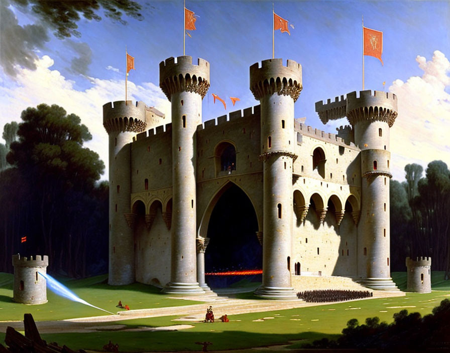 Medieval castle with twin towers, knights, banners, and lush forests