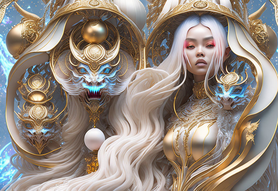 Digital artwork of woman with white hair in gold and blue headdresses with mythical lion-like creatures.