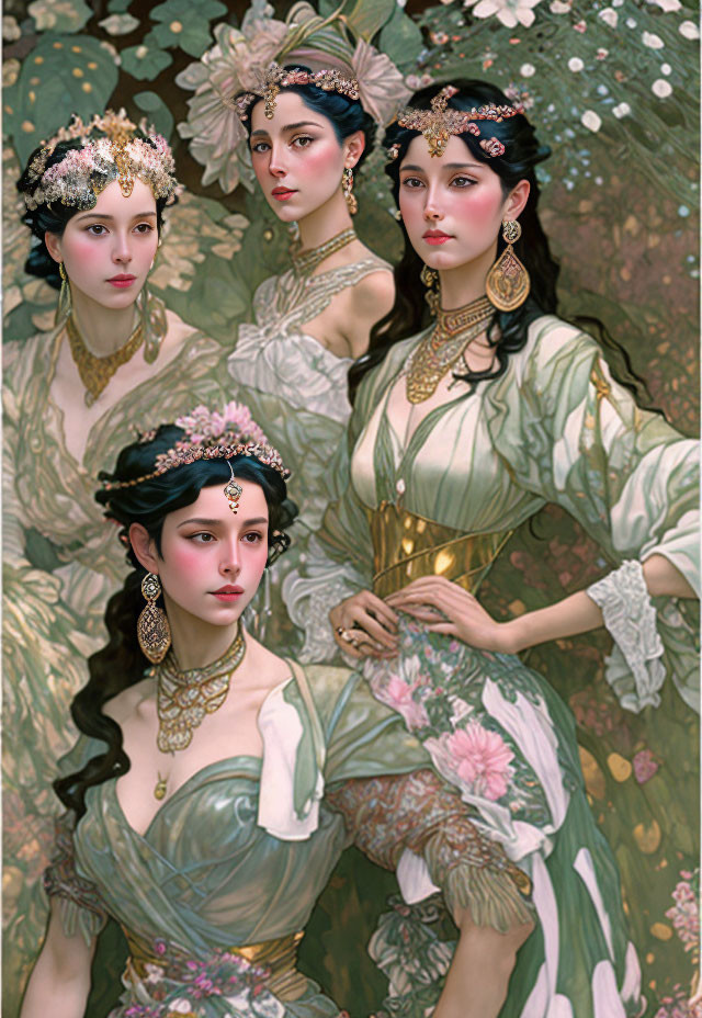 Four women in vintage clothing with floral patterns, wearing headpieces and jewelry, in botanical setting.