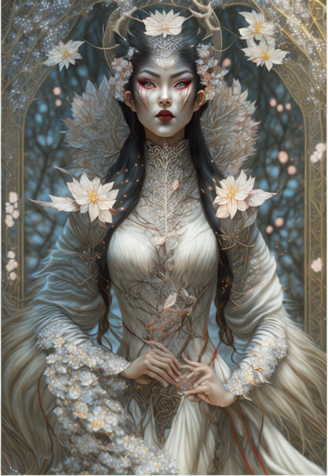 Ethereal woman with elaborate makeup in floral setting