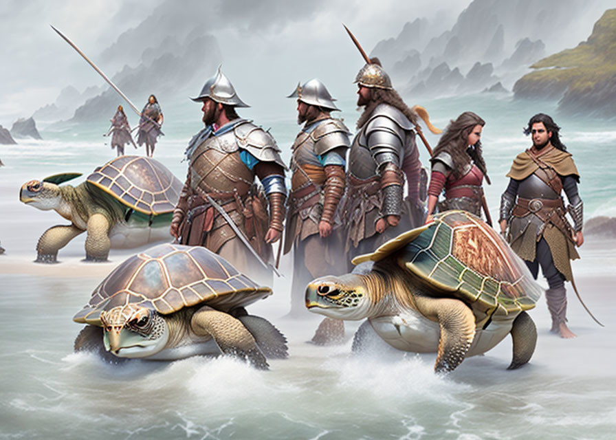 Armored warriors on beach with giant sea turtles for adventure.