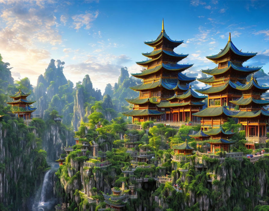 Scenic Chinese pagodas in mountain landscape with waterfalls under blue sky