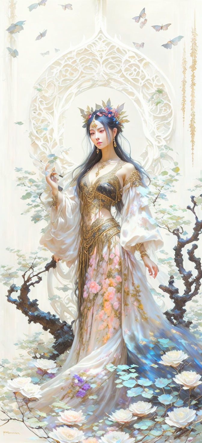 Ethereal artwork featuring woman in floral gown with butterflies