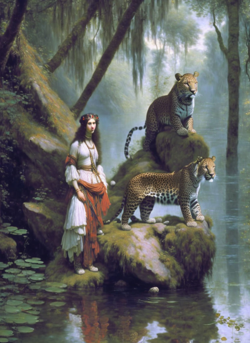 Woman in traditional attire with cheetahs in mystical forest scene