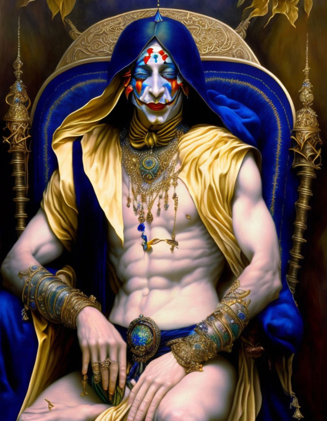 Stylized figure in blue and gold with intricate jewelry on ornate throne