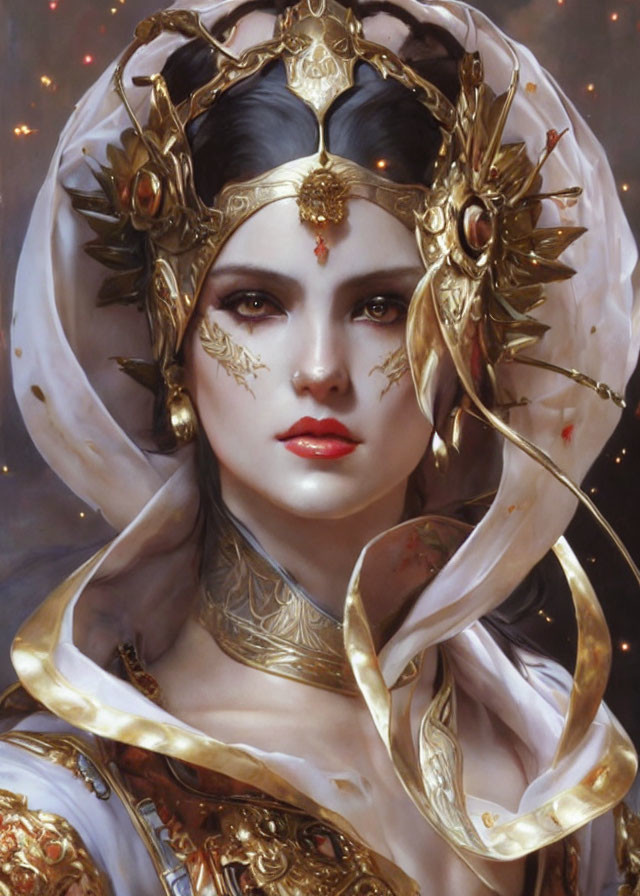 Regal Woman in Gold Headgear and Red Lipstick