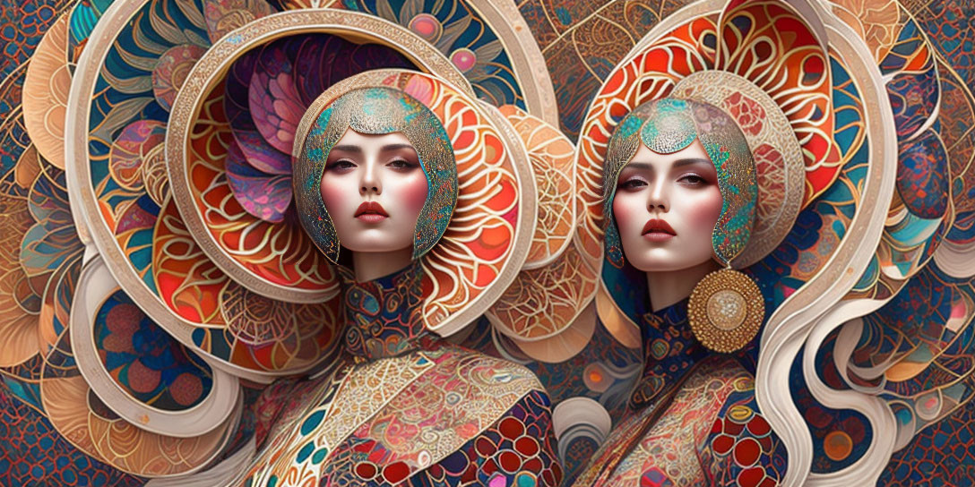 Symmetrical Women in Ornate Headdresses with Vivid Colors