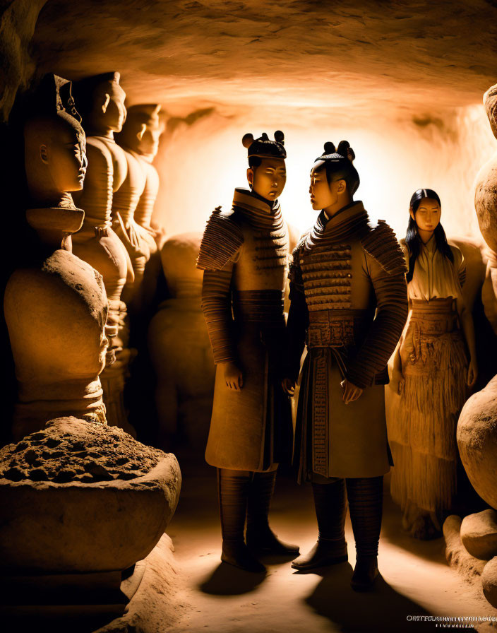 Three people in ancient Chinese warrior attire amidst Terracotta Army statues under warm lighting.