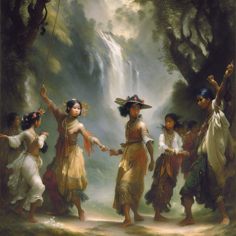 Group of Women Dancing in Traditional Attire in Forest Setting