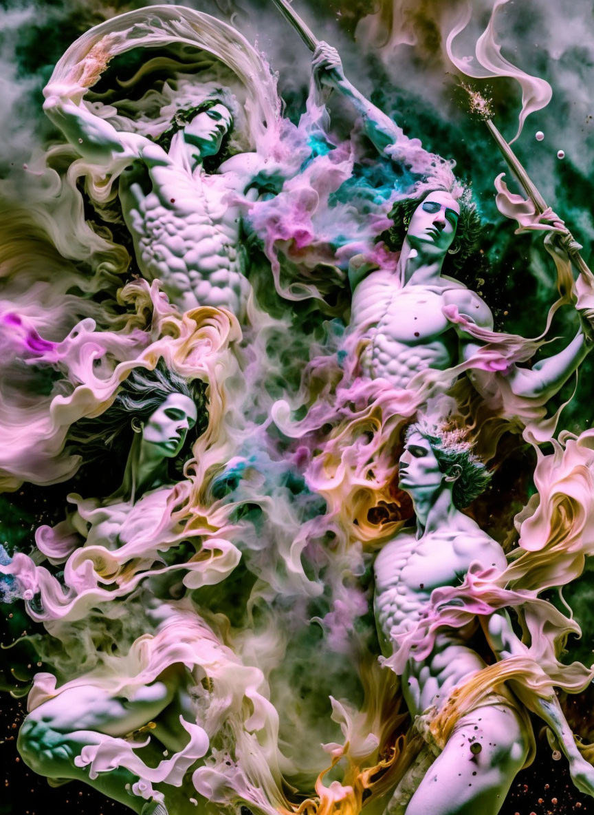 Ethereal figures in vibrant, multicolored smoke swirls