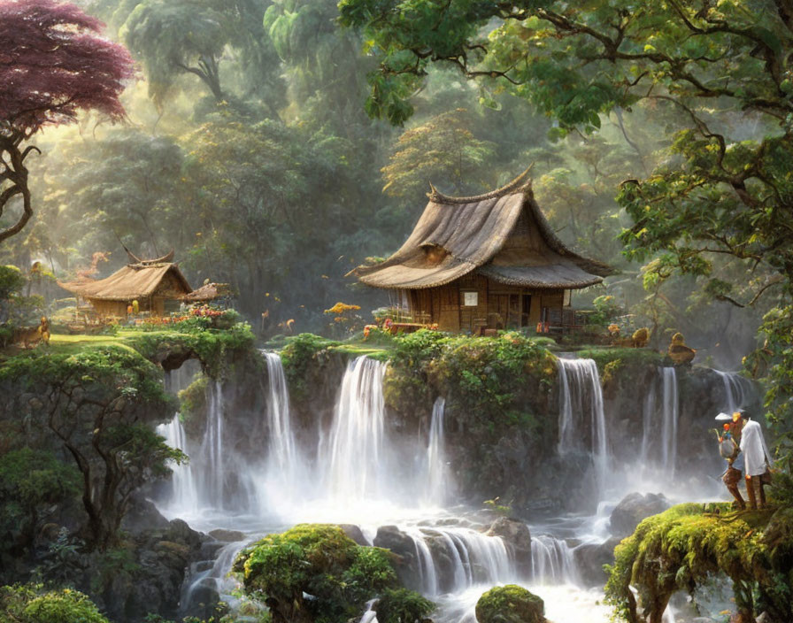 Asian-style Houses Over Waterfalls in Green Forest Setting